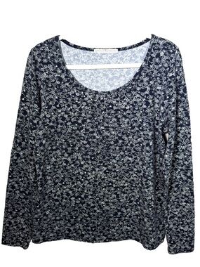 Peruvian Connection Navy and White Floral Scoop-Neck Long Sleeve Top